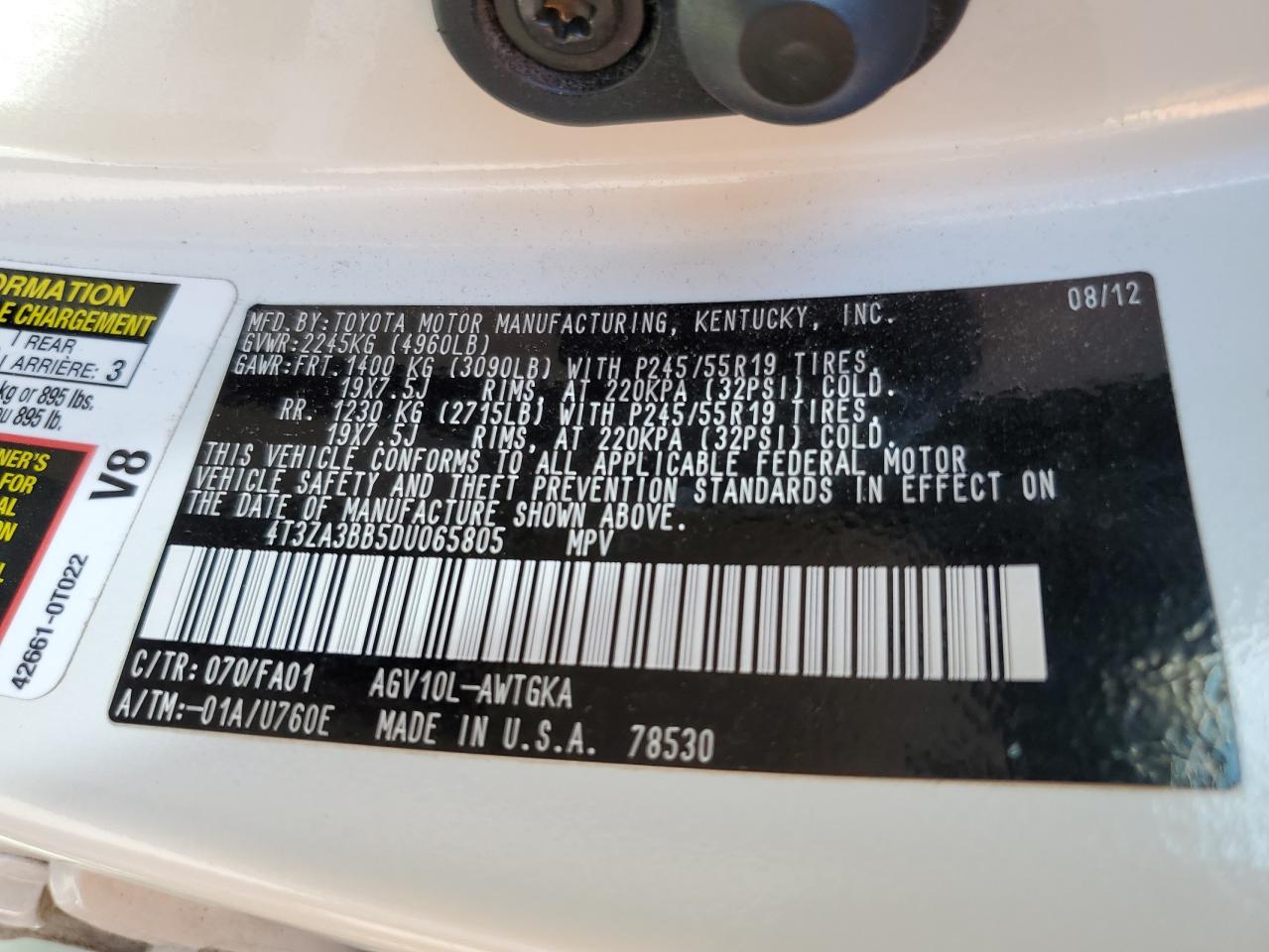 2013 Toyota Venza Le VIN: 4T3ZA3BB5DU065805 Lot: 84629185