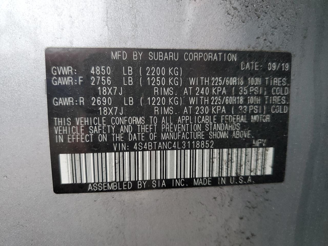 2020 Subaru Outback Limited VIN: 4S4BTANC4L3118852 Lot: 80976825