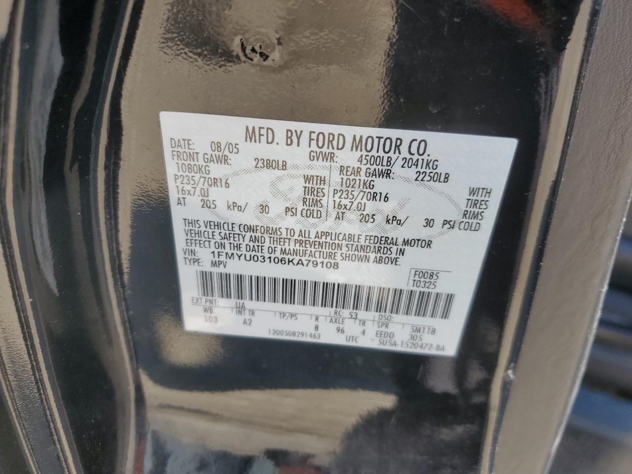 2006 Ford Escape Xlt VIN: 1FMYU03106KA79108 Lot: 80346565