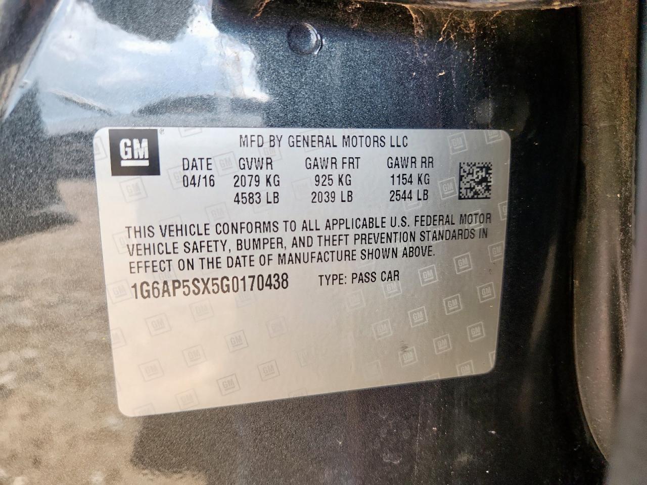 2016 Cadillac Cts VIN: 1G6AP5SX5G0170438 Lot: 71246215