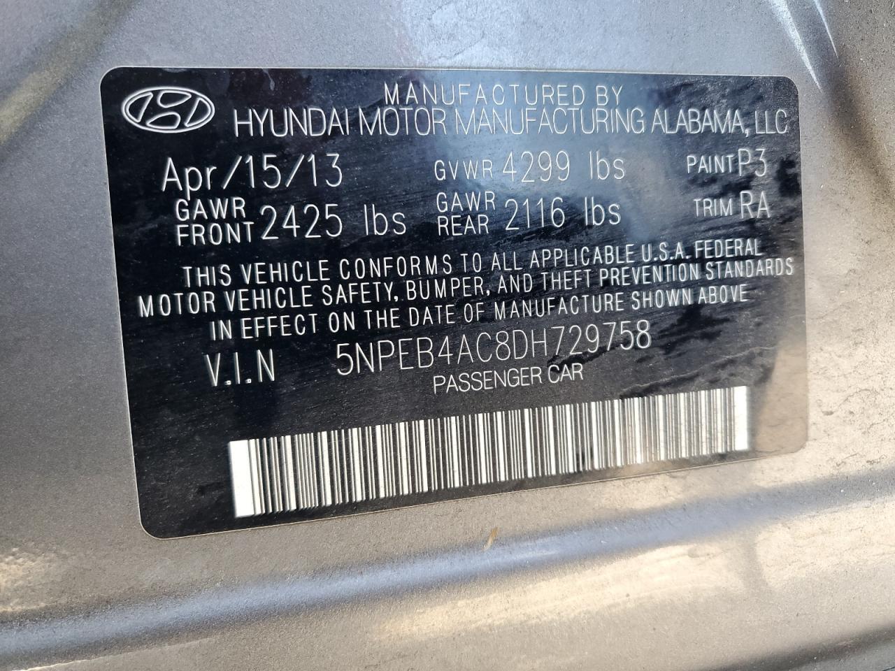 2013 Hyundai Sonata Gls VIN: 5NPEB4AC8DH729758 Lot: 71153895