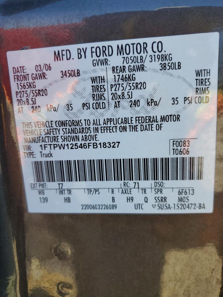 2006 Ford F150 Supercrew VIN: 1FTPW12546FB18327 Lot: 80942865