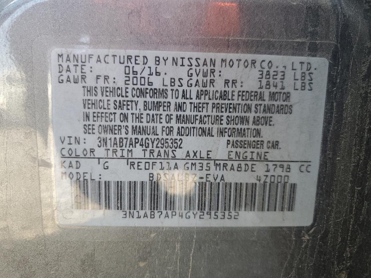 2016 Nissan Sentra S VIN: 3N1AB7AP4GY295352 Lot: 81891625