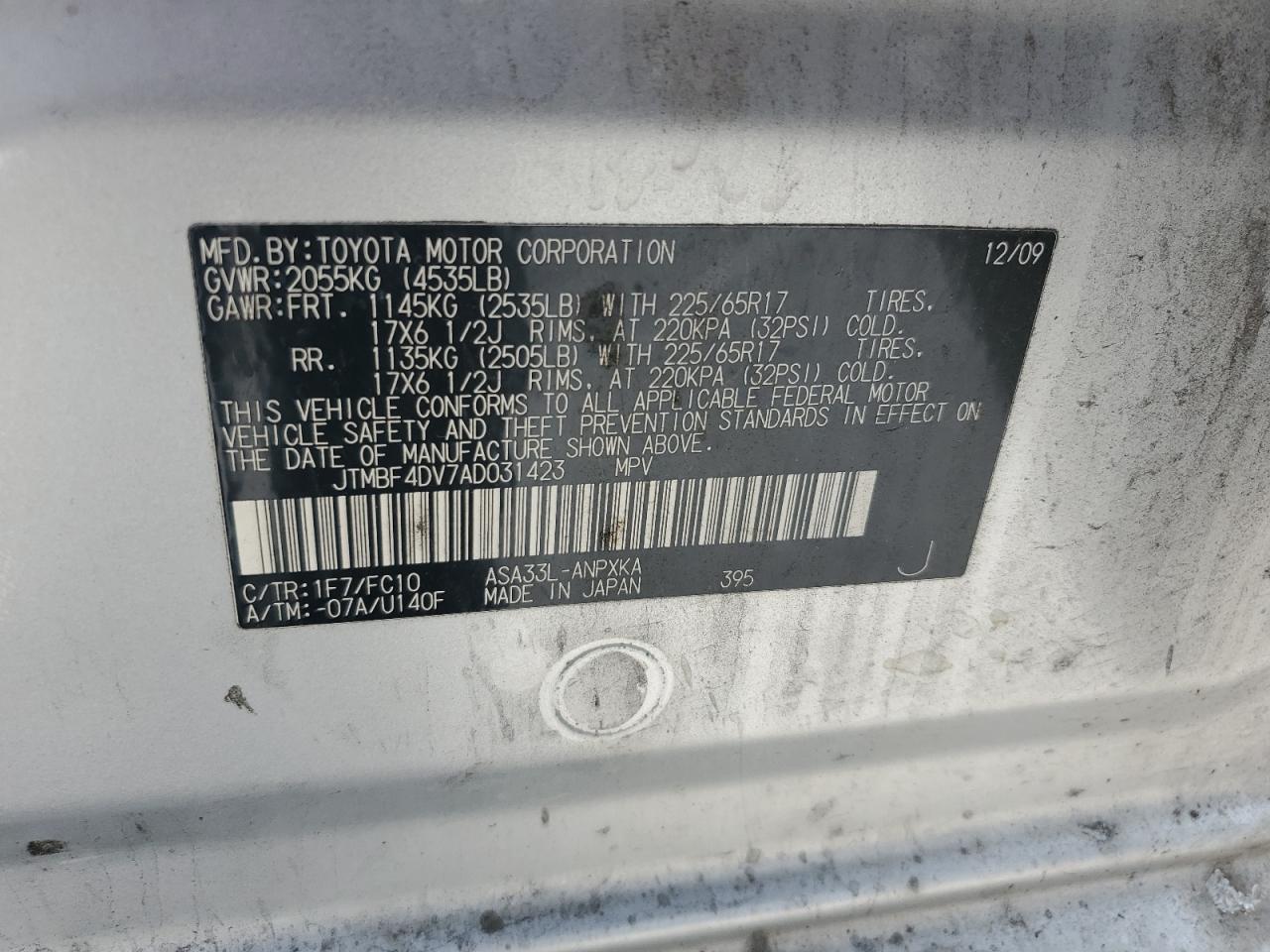 2010 Toyota Rav4 VIN: JTMBF4DV7AD031423 Lot: 72017165