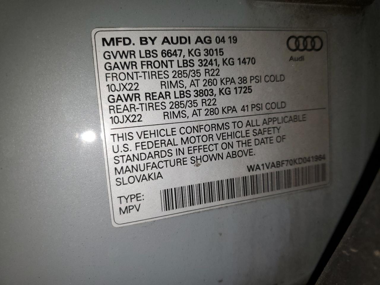 2019 Audi Q7 Prestige VIN: WA1VABF70KD041964 Lot: 80299495