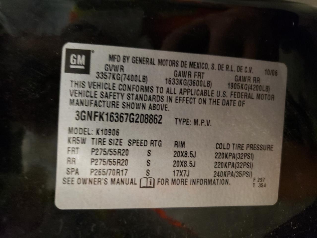 2007 Chevrolet Suburban K1500 VIN: 3GNFK16367G208862 Lot: 83831825