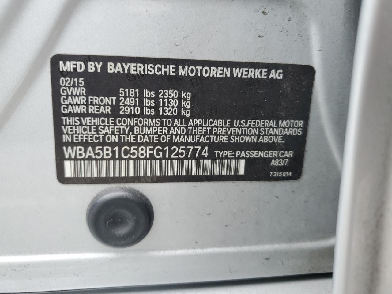 2015 BMW 535 I VIN: WBA5B1C58FG125774 Lot: 80454725