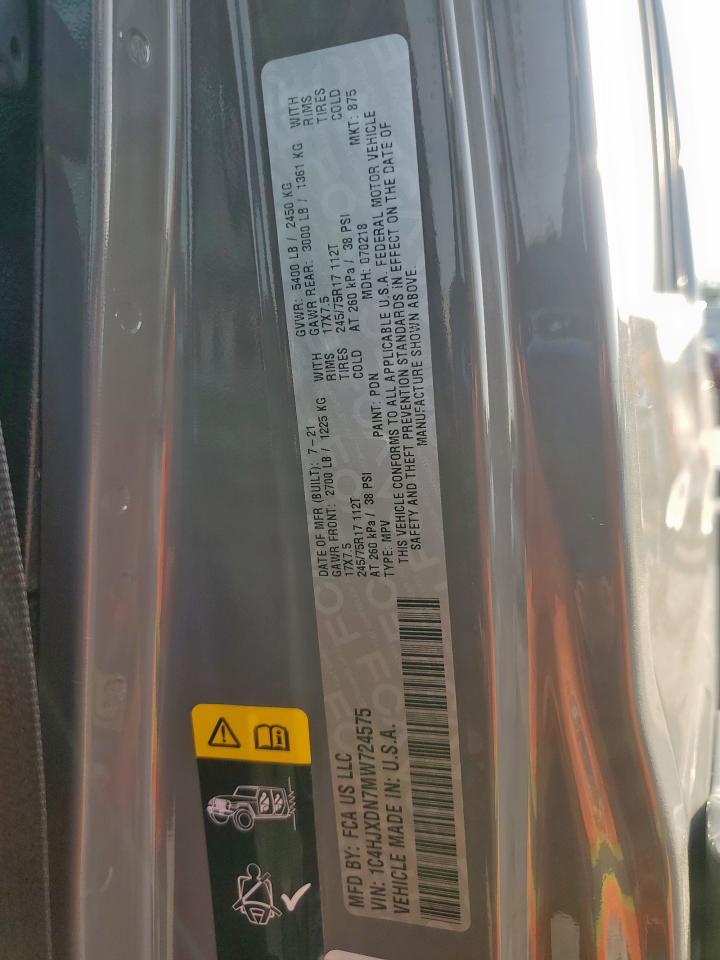 2021 Jeep Wrangler Unlimited Sport VIN: 1C4HJXDN7MW724575 Lot: 71002215