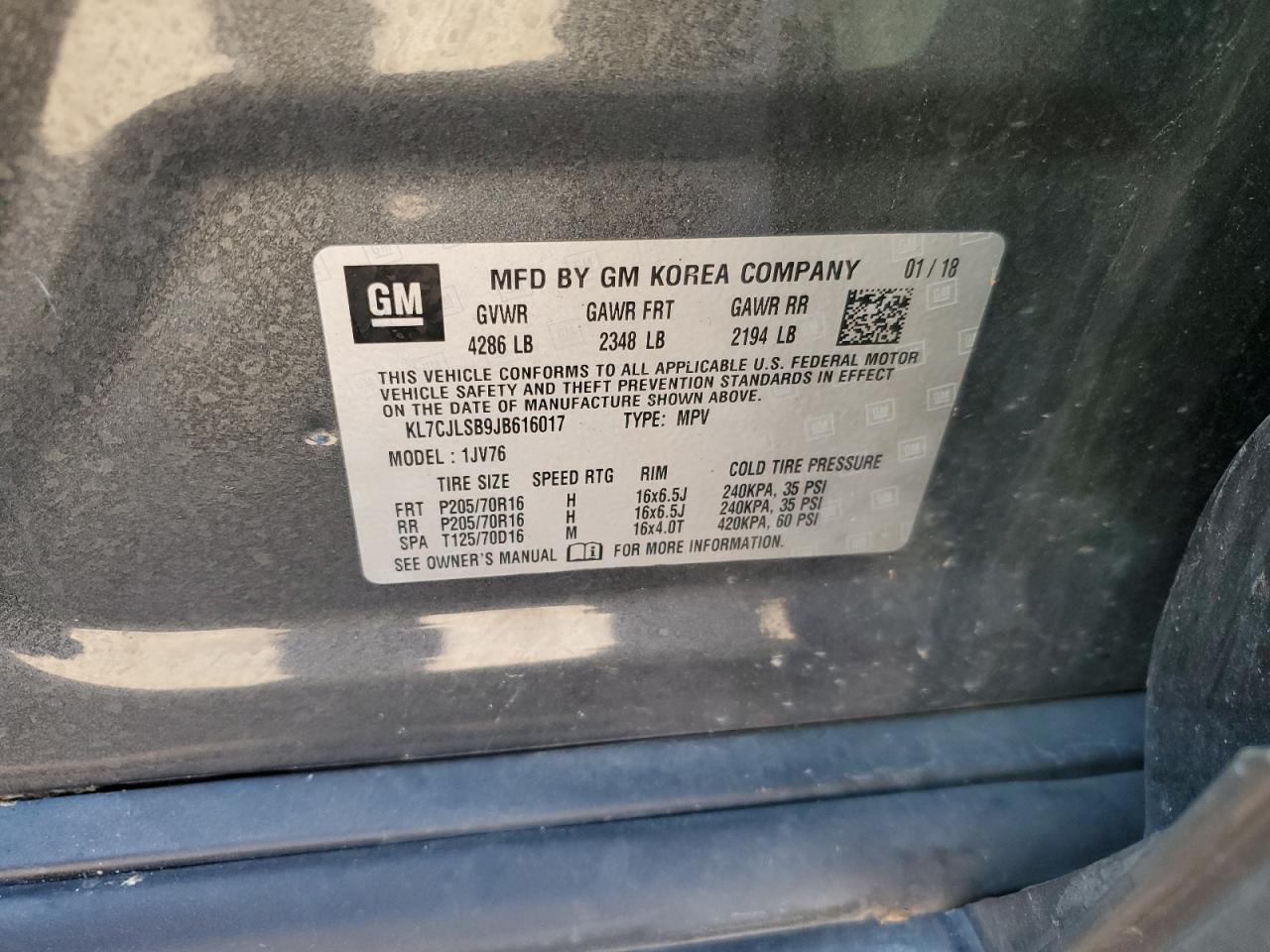 2018 Chevrolet Trax 1Lt VIN: KL7CJLSB9JB616017 Lot: 80733635