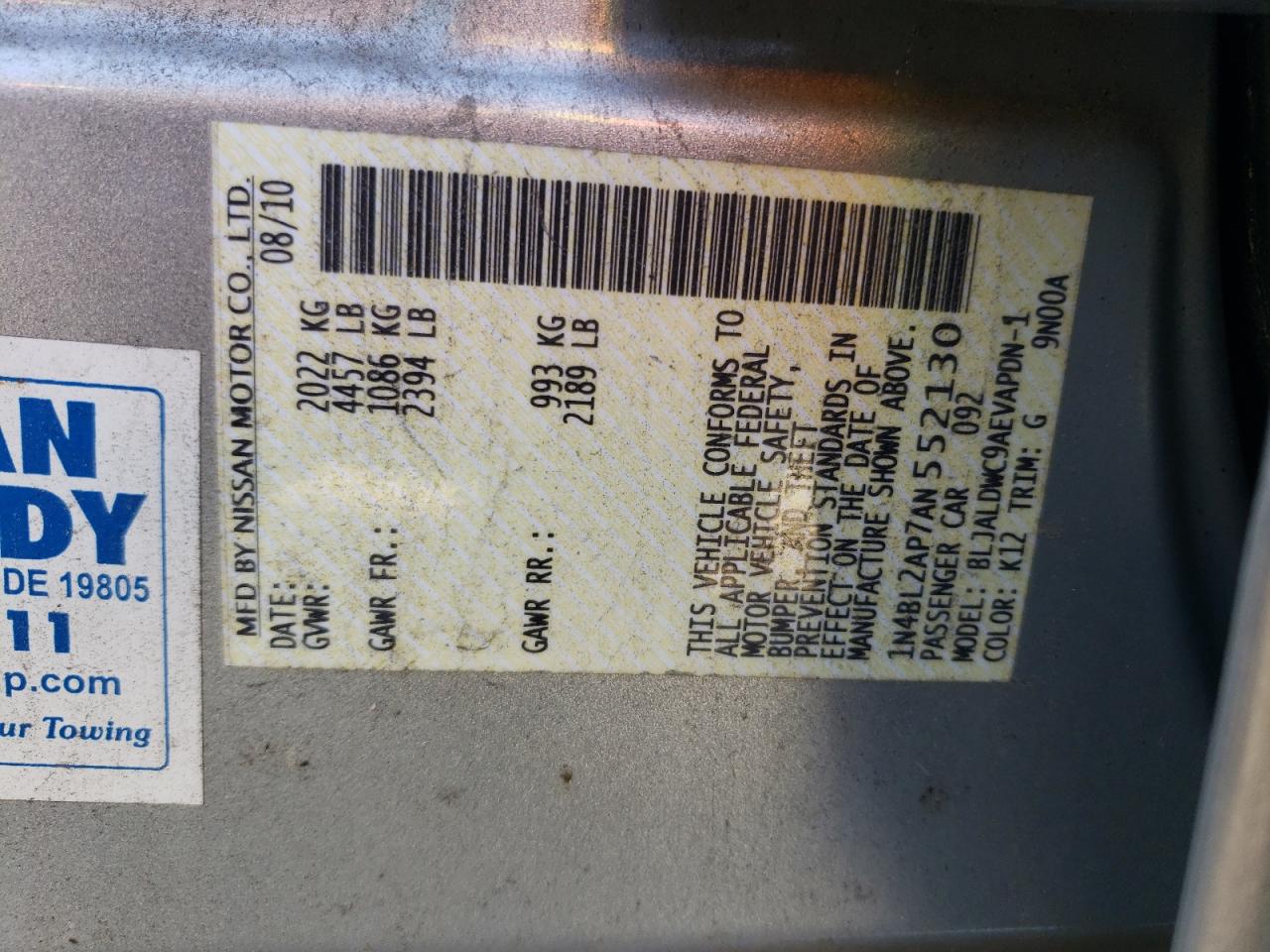 2010 Nissan Altima Sr VIN: 1N4BL2AP7AN552130 Lot: 71968755