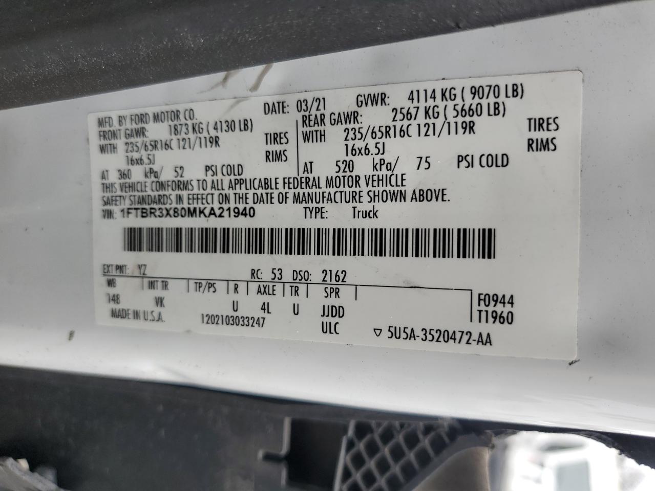 2021 Ford Transit T-250 VIN: 1FTBR3X80MKA21940 Lot: 81076295