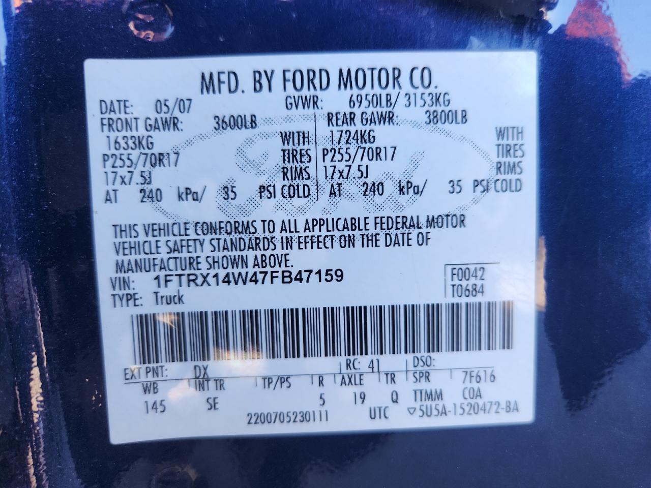 2007 Ford F150 VIN: 1FTRX14W47FB47159 Lot: 84708455