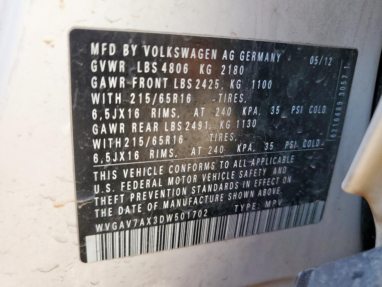 2013 Volkswagen Tiguan S VIN: WVGAV7AX3DW501702 Lot: 71920155