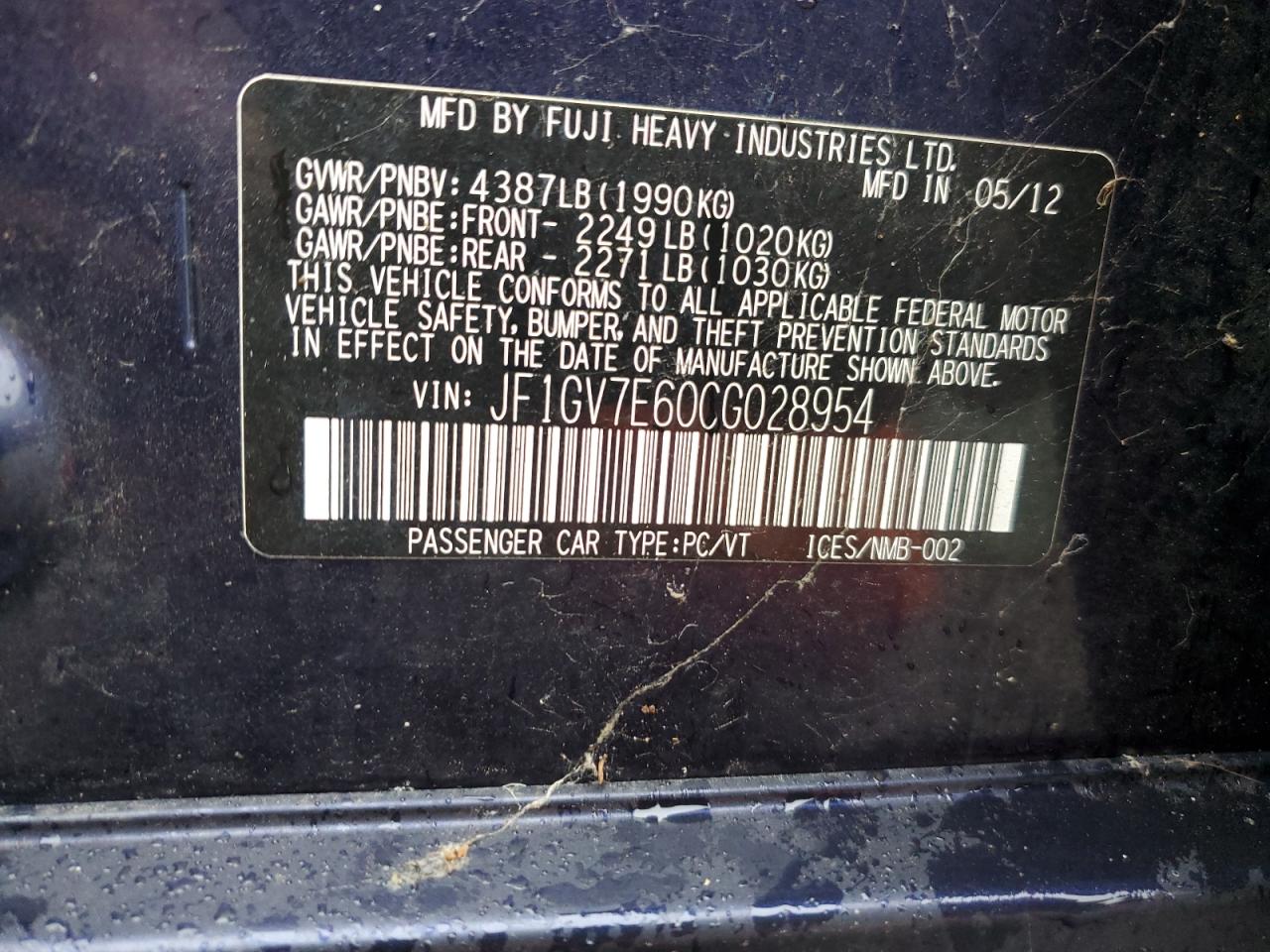 2012 Subaru Impreza Wrx VIN: JF1GV7E60CG028954 Lot: 81299335