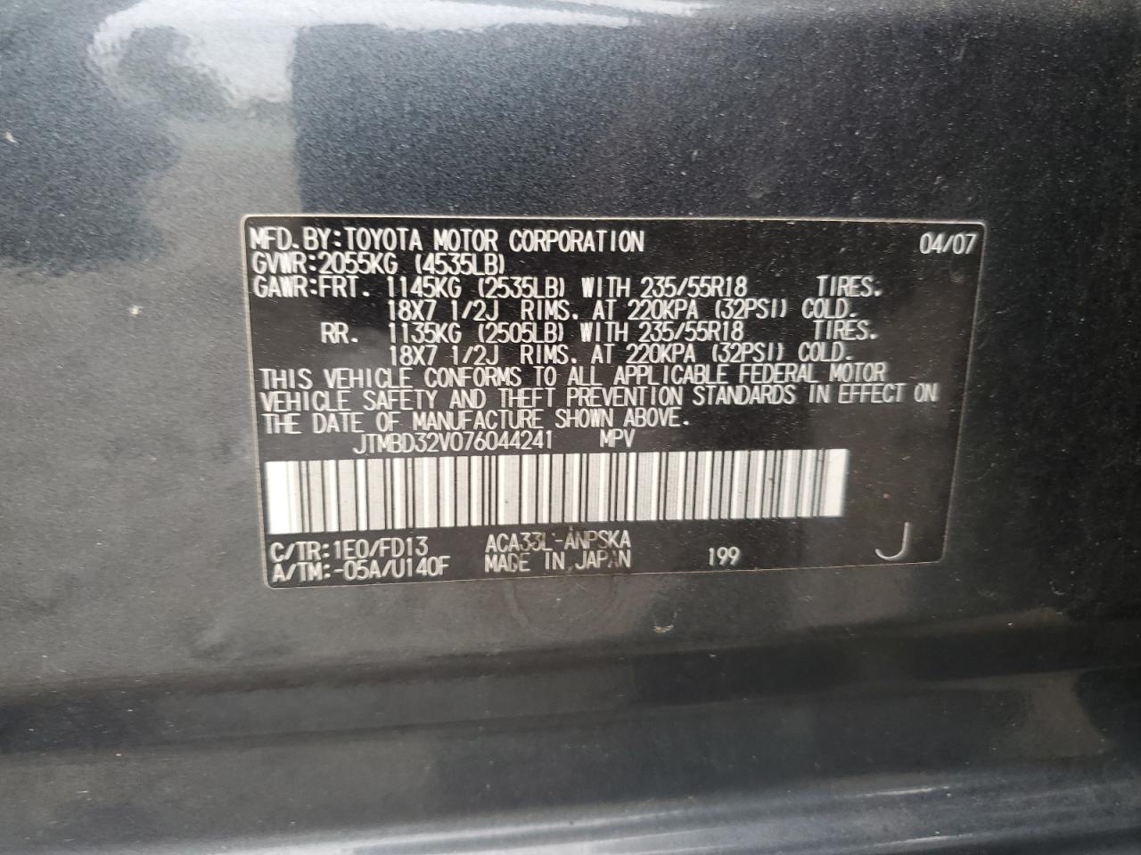 2007 Toyota Rav4 Sport VIN: JTMBD32V076044241 Lot: 81637005