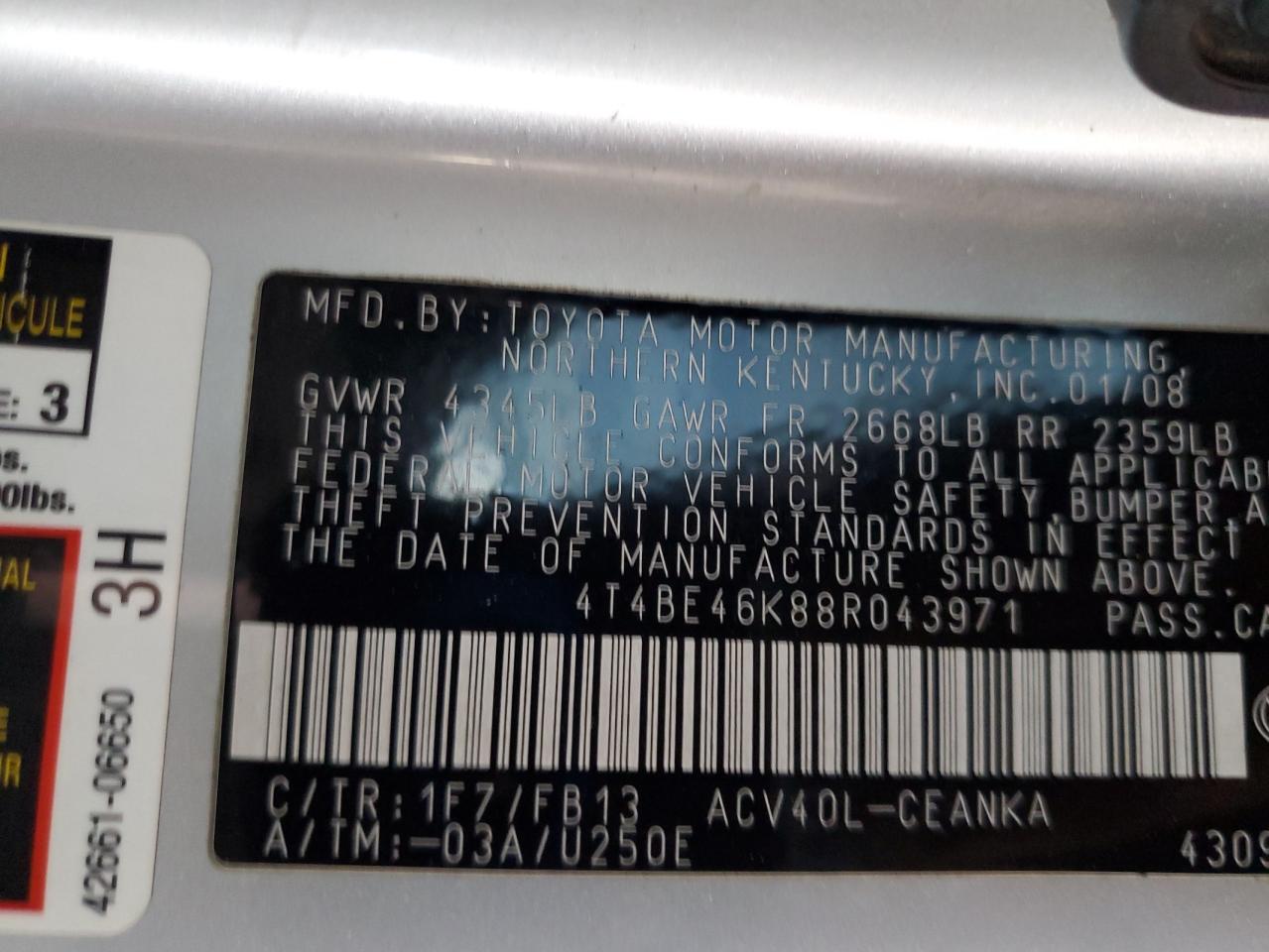 2008 Toyota Camry Ce VIN: 4T4BE46K88R043971 Lot: 71525535