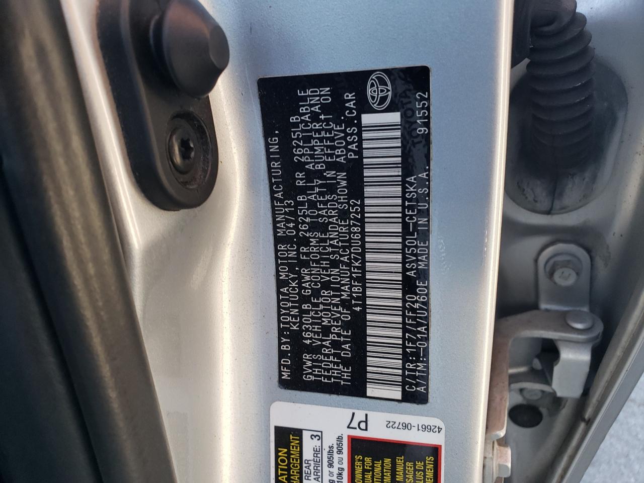 2013 Toyota Camry L VIN: 4T1BF1FK7DU687252 Lot: 84364565