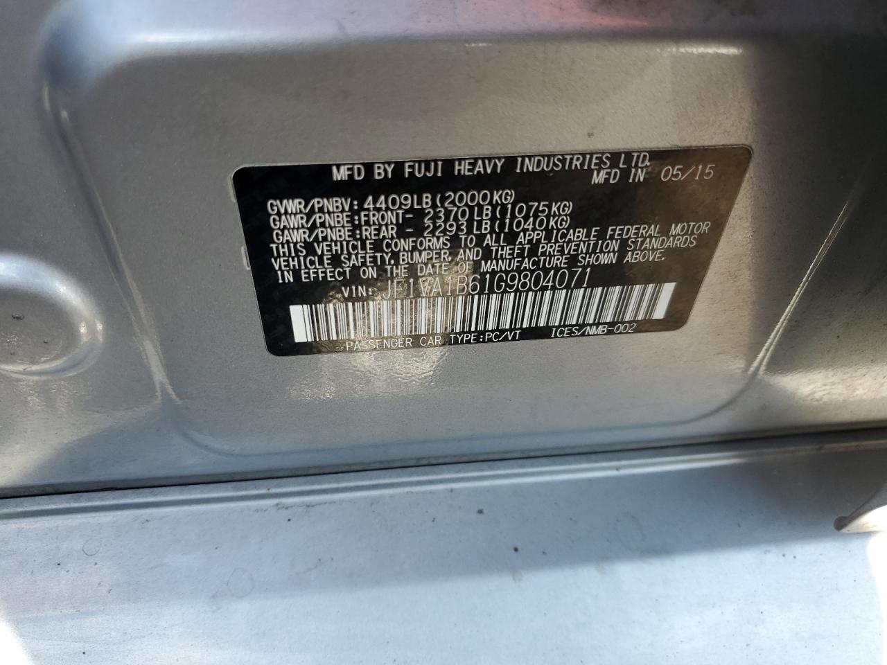 2016 Subaru Wrx VIN: JF1VA1B61G9804071 Lot: 80738355