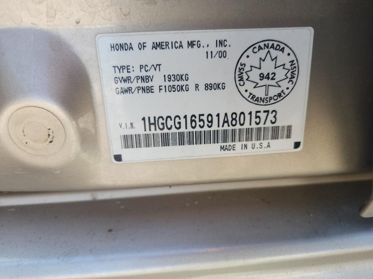 2001 Honda Accord Ex VIN: 1HGCG16591A801573 Lot: 80750025