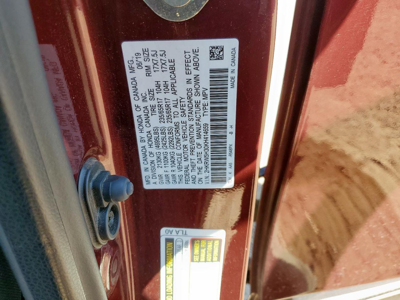 2019 Honda Cr-V Lx VIN: 2HKRW5H30KH414659 Lot: 71121335