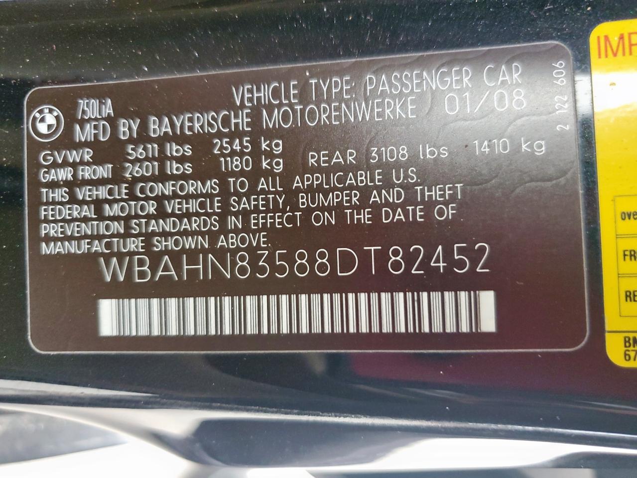 2008 BMW 750 Li VIN: WBAHN83588DT82452 Lot: 83760435