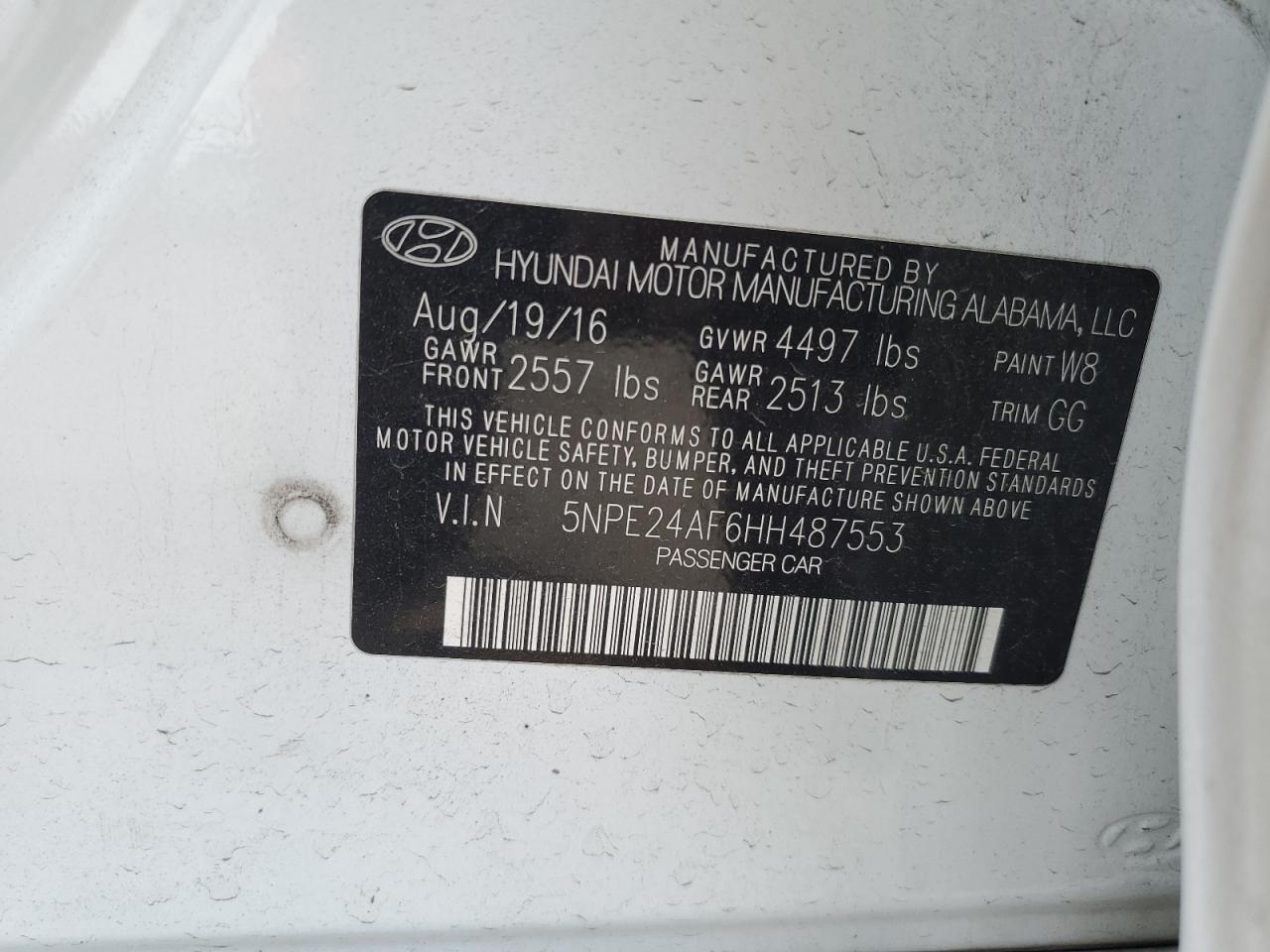 2017 Hyundai Sonata Se VIN: 5NPE24AF6HH487553 Lot: 82072085