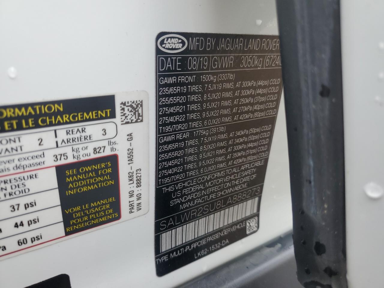 2020 Land Rover Range Rover Sport Hse VIN: SALWR2SU8LA888273 Lot: 71172915