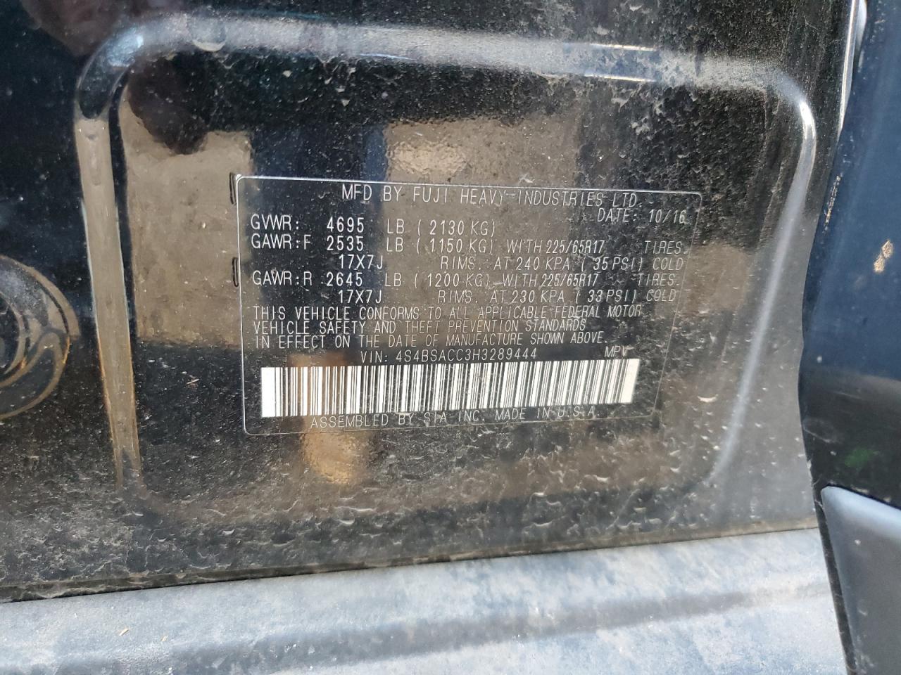 2017 Subaru Outback 2.5I Premium VIN: 4S4BSACC3H3289444 Lot: 80660605