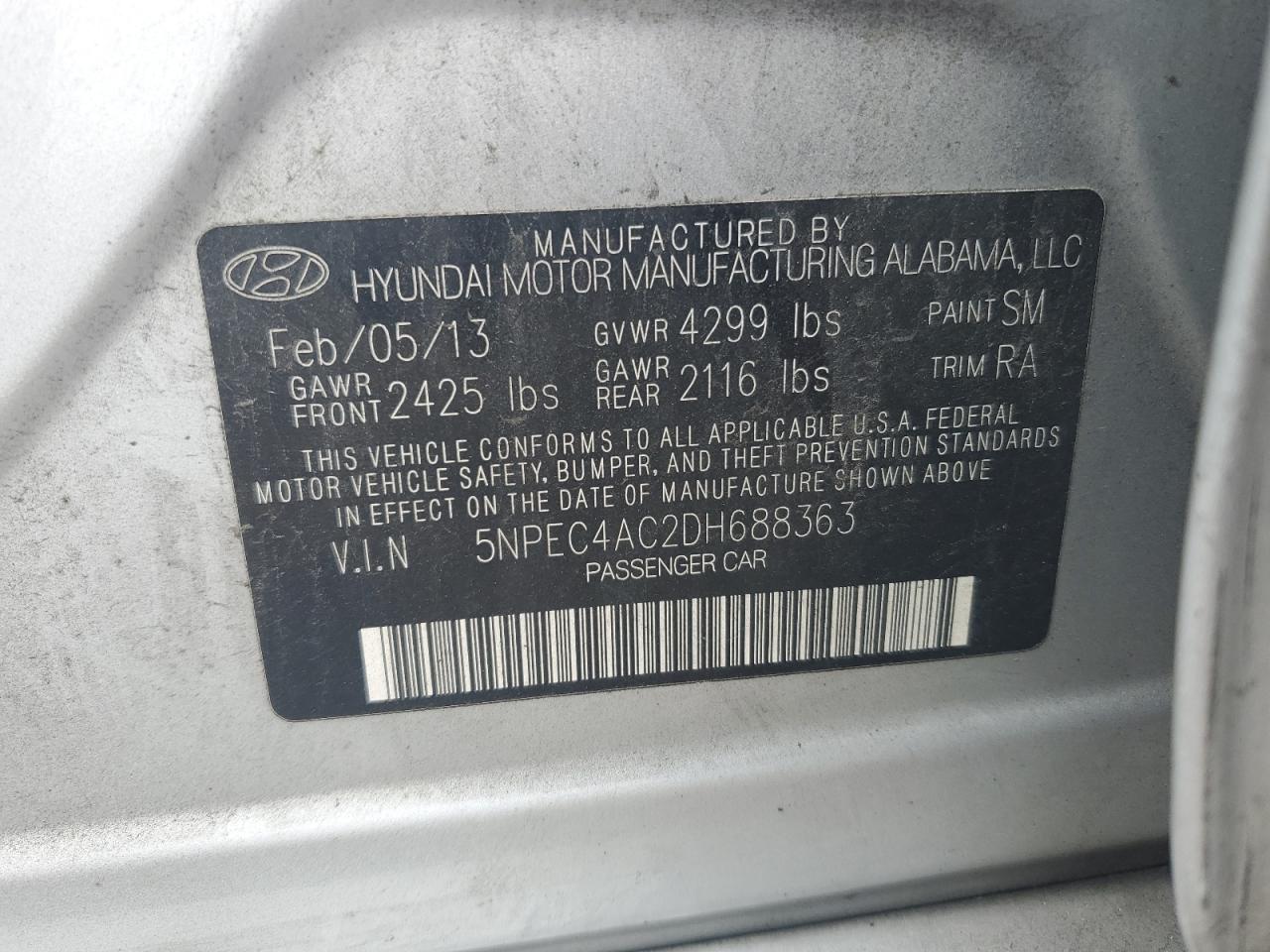 2013 Hyundai Sonata Se VIN: 5NPEC4AC2DH688363 Lot: 72080335