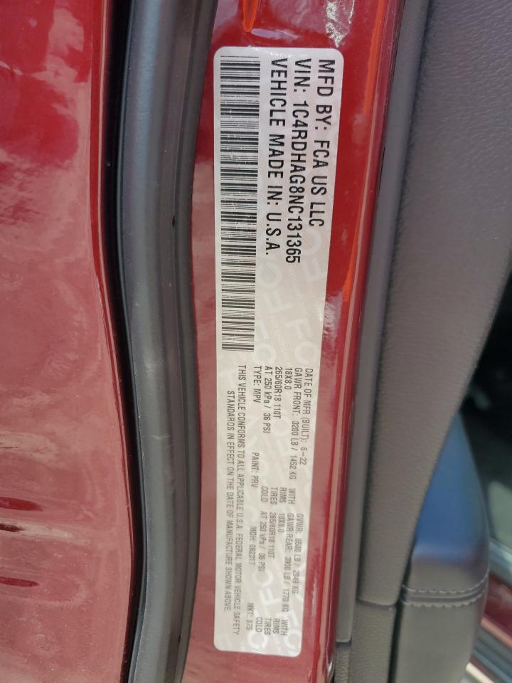 2022 Dodge Durango Sxt VIN: 1C4RDHAG8NC131365 Lot: 71435765