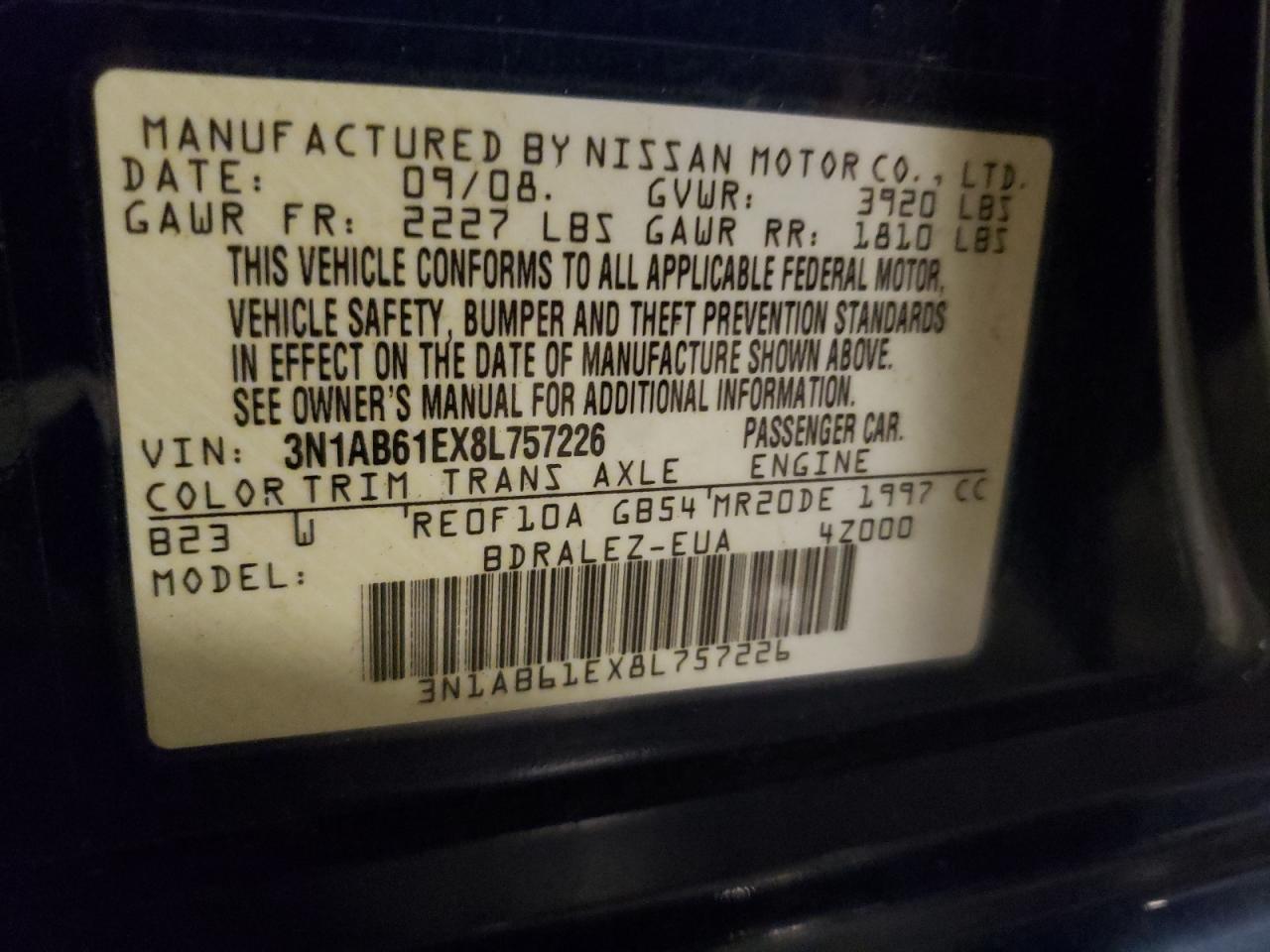 2008 Nissan Sentra 2.0 VIN: 3N1AB61EX8L757226 Lot: 80189405