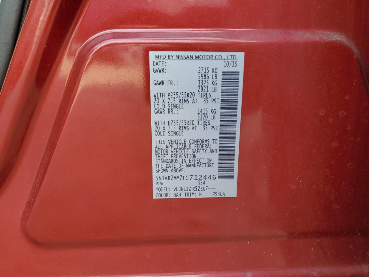 2015 Nissan Pathfinder S VIN: 5N1AR2MM7FC712446 Lot: 83851085