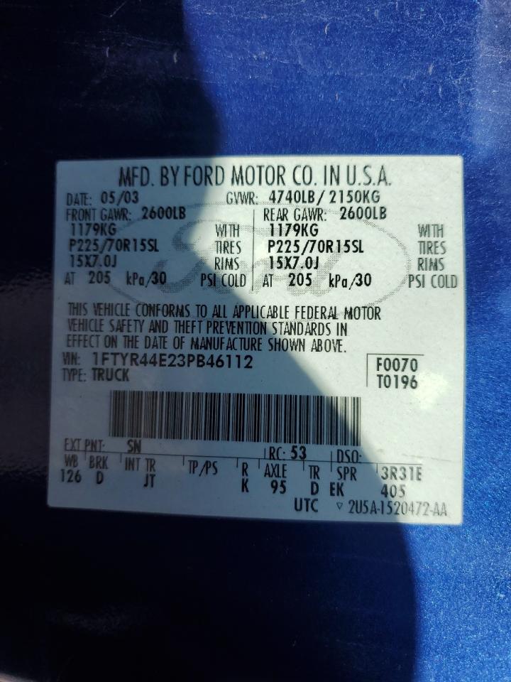 2003 Ford Ranger Super Cab VIN: 1FTYR44E23PB46112 Lot: 71404235