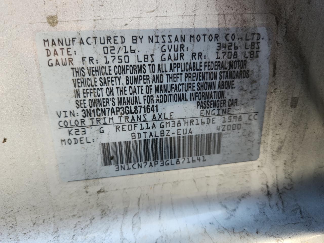 2016 Nissan Versa S VIN: 3N1CN7AP3GL871641 Lot: 84905985