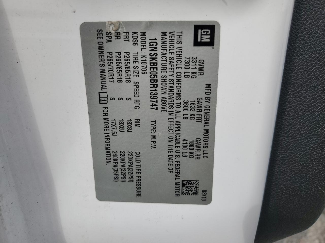 2011 Chevrolet Tahoe K1500 Lt VIN: 1GNSKBE05BR139747 Lot: 70927295