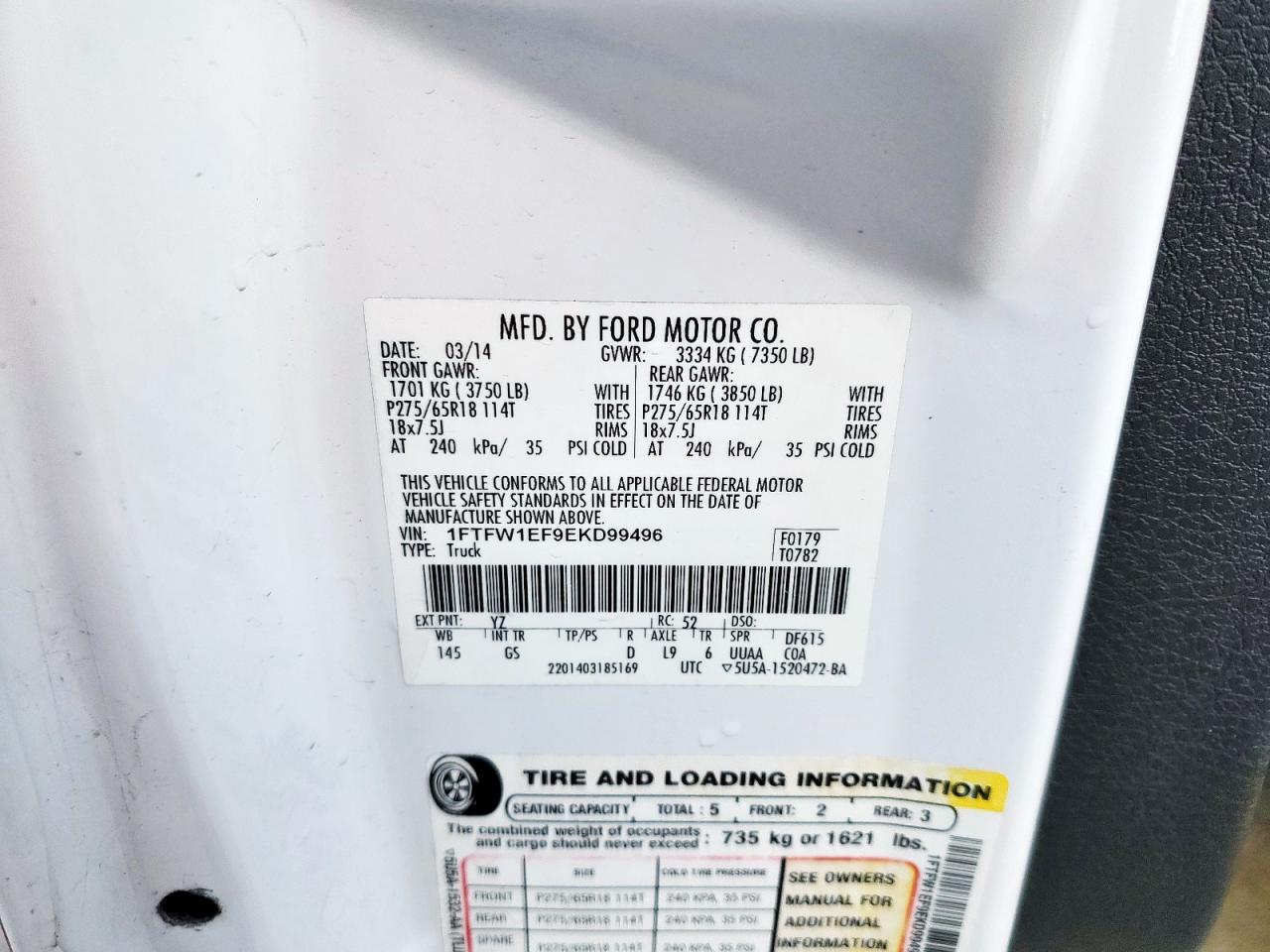 2014 Ford F150 Supercrew VIN: 1FTFW1EF9EKD99496 Lot: 80685185