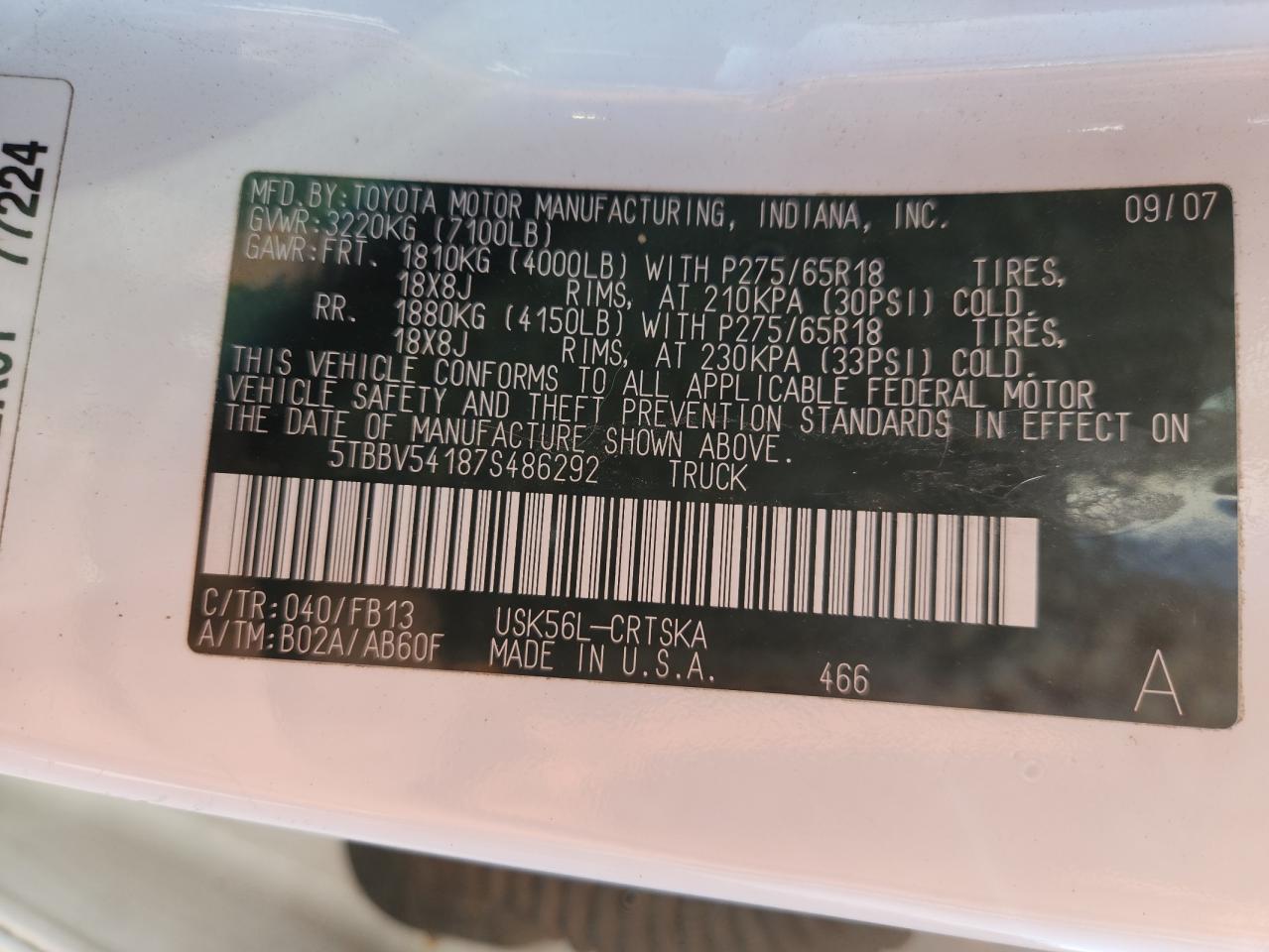 2007 Toyota Tundra Double Cab Sr5 VIN: 5TBBV54187S486292 Lot: 80864725