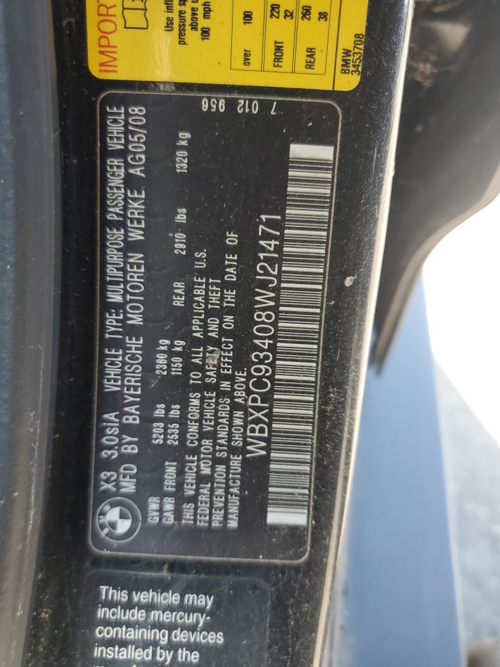 2008 BMW X3 3.0Si VIN: WBXPC93408WJ21471 Lot: 80956425