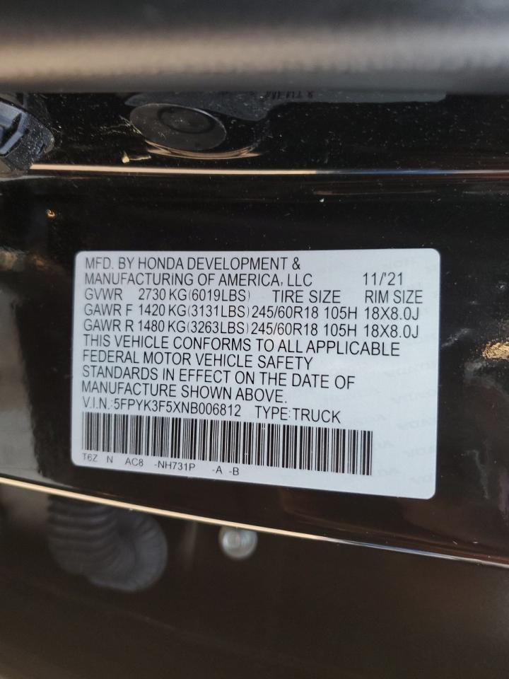 2022 Honda Ridgeline Rtl VIN: 5FPYK3F5XNB006812 Lot: 70488285