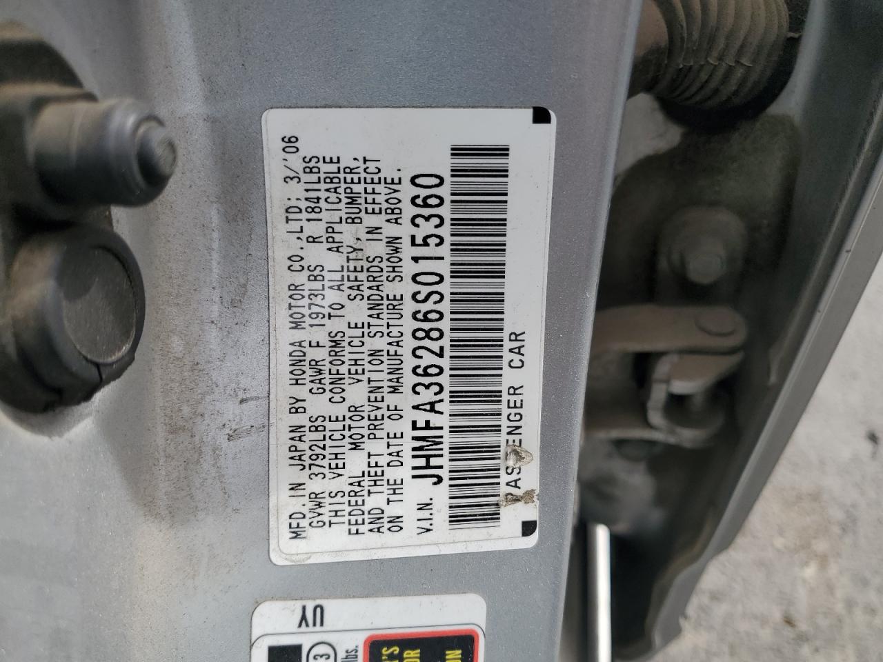 2006 Honda Civic Hybrid VIN: JHMFA36286S015360 Lot: 84647495