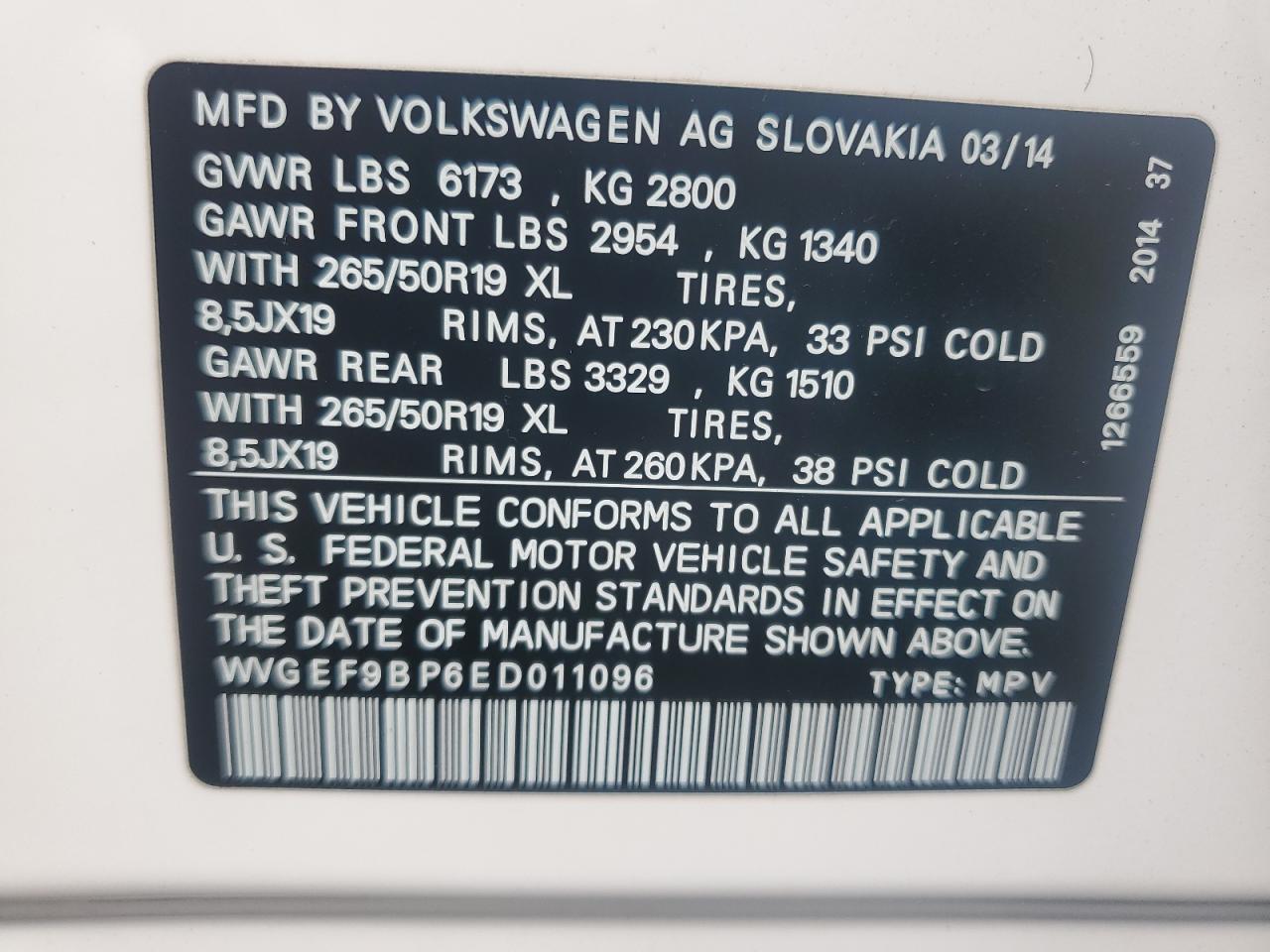 2014 Volkswagen Touareg V6 VIN: WVGEF9BP6ED011096 Lot: 71923765