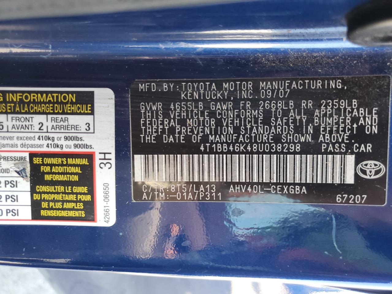 2008 Toyota Camry Hybrid VIN: 4T1BB46K48U038298 Lot: 80649875