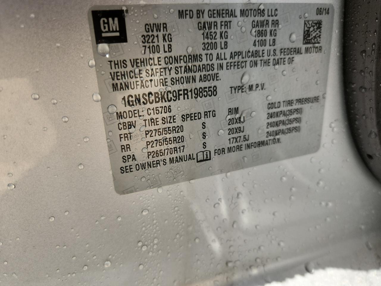 2015 Chevrolet Tahoe C1500 Lt VIN: 1GNSCBKC9FR198558 Lot: 80327165