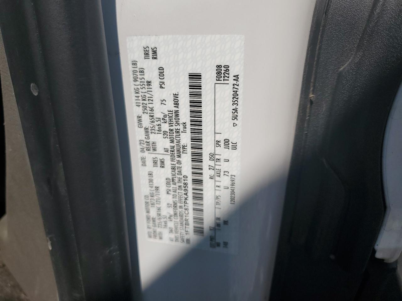 2023 Ford Transit T-250 VIN: 1FTBR1C87PKA95810 Lot: 80077915