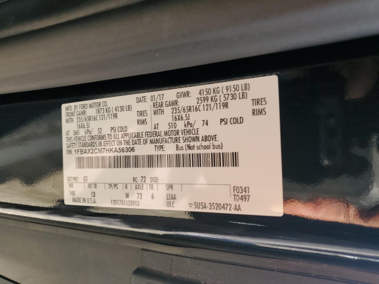 2017 Ford Transit T-350 VIN: 1FBAX2CM7HKA56306 Lot: 69781395