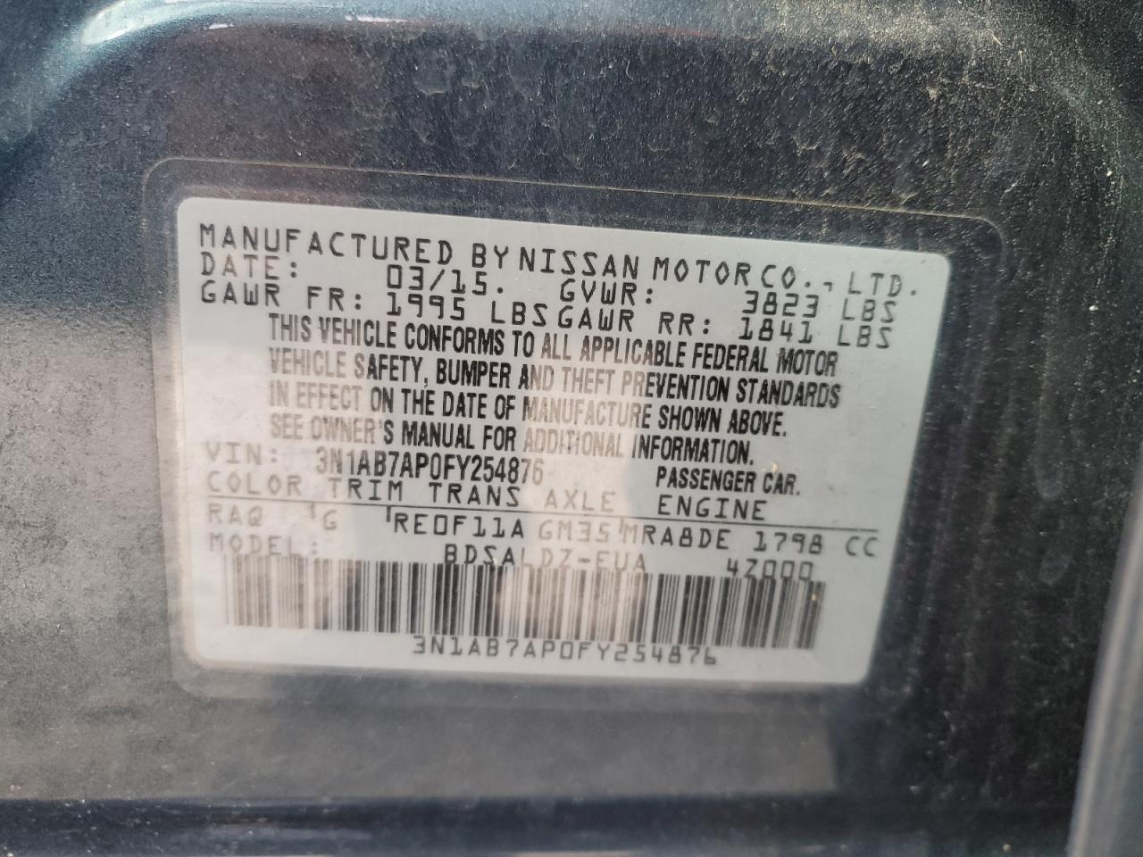 2015 Nissan Sentra S VIN: 3N1AB7AP0FY254876 Lot: 82077045