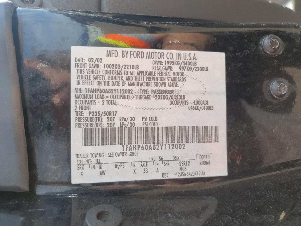 2002 Ford Thunderbird VIN: 1FAHP60A82Y112002 Lot: 69483405