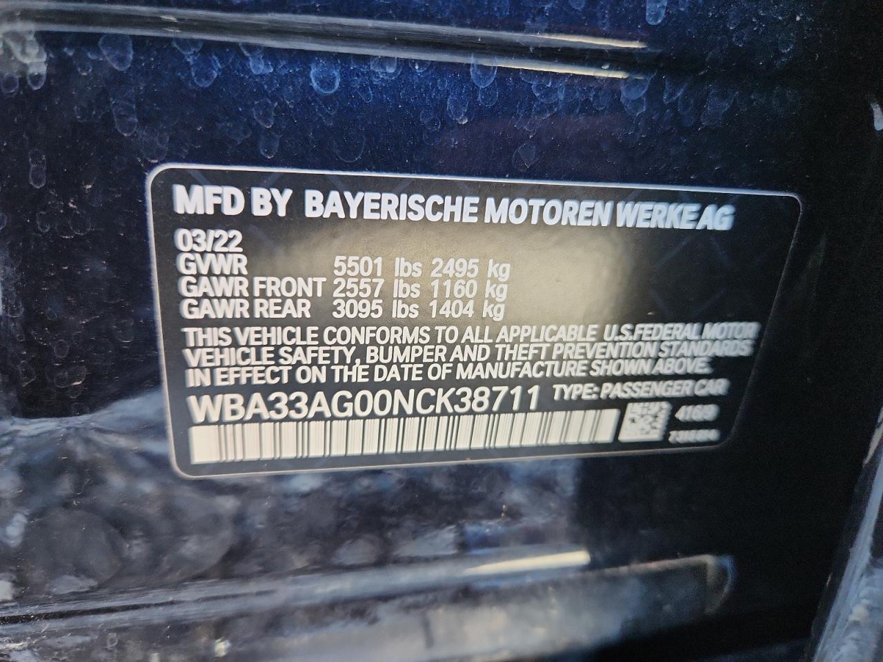 2022 BMW 530Xe VIN: WBA33AG00NCK38711 Lot: 80852605