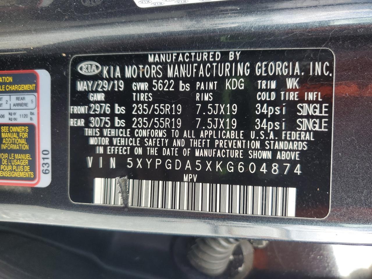 2019 Kia Sorento Lx VIN: 5XYPGDA5XKG604874 Lot: 81896915