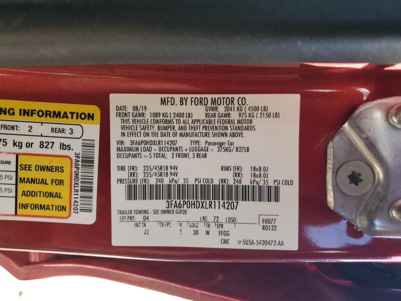 2020 Ford Fusion Se VIN: 3FA6P0HDXLR114207 Lot: 71450755